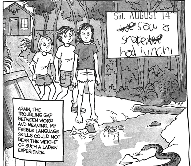 A photo from page 143 of Fun Home, depicting Alison's childhood handwriting that she scanned in.
