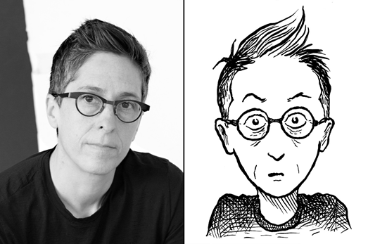 A photo of Alison Bechdel next to a drawing of Alison Bechdel.